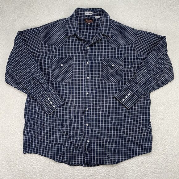 Plains Western Wear Mens 2XL Pearl Snap Shirt Big Man Navy Check Rodeo Cowboy LS - Picture 1 of 7